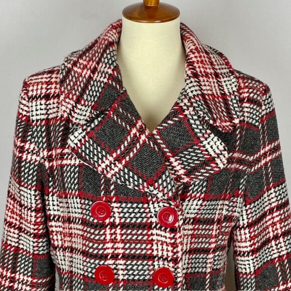 Rue21 Plaid Double Breasted Pea Coat Sz L Gray Red White Preppy Nautical Classic - Picture 2 of 7